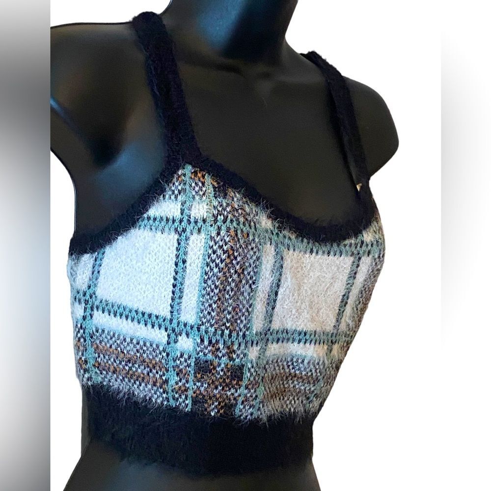 Eyeshadow sexy fuzzy crop top plaid tank, TikTok trendy layered looks NWT - L.
